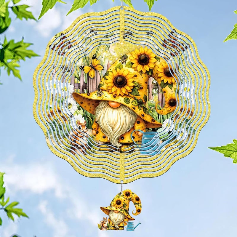 INCOK Gnomes Hanging Wind Spinner Outdoor - Gnome Gifts for Women, Stainless Steel Wind Sculpture Sunflower Art Ornaments with Card for Garden Balcony Patio Yard Lawn Decorations - Image 1